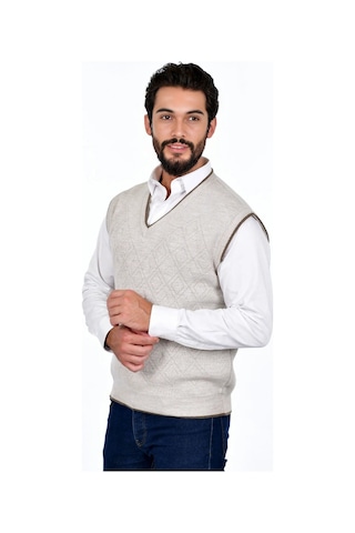 Kamalı Krem Erkek Çelik Örgü Intersiye Kışlık Kalın Triko V Yaka Triko Örgü Tüylenmez Süveter Taş