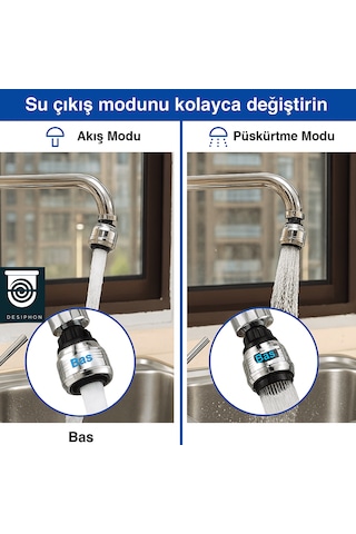 Krom 2 Fonksiyonlu Mutfak Lavabo Başlığı 360 Döner Su Tasarruflu