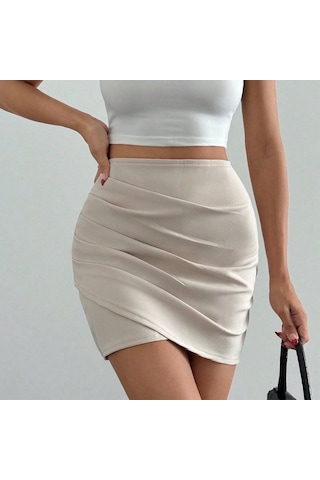 Drapeli Mini Etek Bej