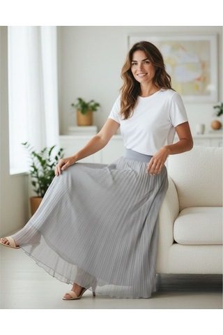 Eren Style Şifon İçi Astarlı Beli Lastikli Etek 95 Cm - 38-52 Gri
