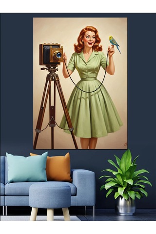 Fotoğrafçı Kadın Retro Kıyafet Dekoratif Kanvas - Mdf Ahşap Tablo