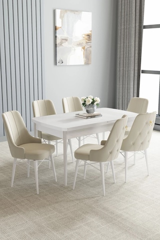 Zümra Serisi, Beyaz 80x132 Açılabilir Mdf Mutfak Masası Takımı 6 Adet Sandalye, Krem