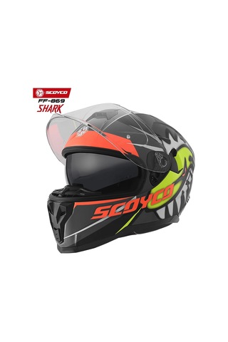 Scoyco FF-869 Shark Güneş Vizörlü Kapalı Kask Kırmızı - Neon Sarı - Siyah