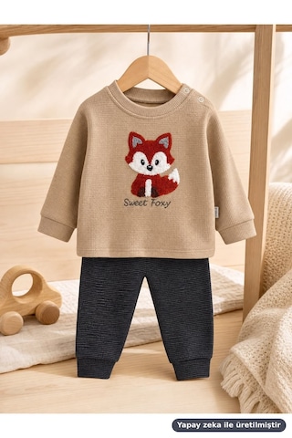 Ferasty İstanbul Erkek Bebek 2'li Takım Tilki Nakışlı Sweet Foxy Bej