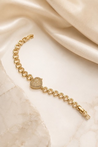Balenbi Jewelry Kadın Taşlı Büyük Kalp Figürlü Kalp Zincir Kararmaz Çelik Bileklik 14k Gold 1140 Altın