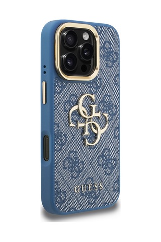 Apple iPhone 16 Pro Max Uyumlu Kılıf Guess Lisanslı Metal 4g Ve Yazı Logolu Kamera Standlı Kapak Mavi