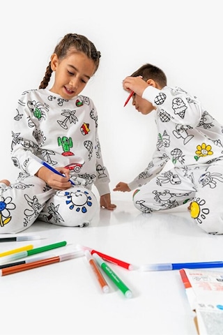 Bebelove Boyanabilir Çocuk Pijaması Eğitici, Eğlenceli, Pamuklu Pijama Takımı Beyaz
