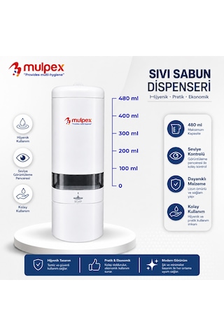 Mulpex 480 Ml Sıvı Sabunluk Beyaz Duvar Tipi Abs Dispenser, Kilitli Kapak Ve Seviye Göstergeli