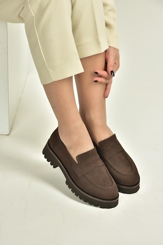Fox Shoes V944086101 Kahverengi Hakiki Deri Nubuk Kalın Tabanlı Makosen Ayakkabı Kahverengi