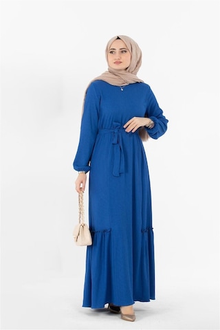 Sevitli Beli Kemerli Bürümcük Elbise - Saks Mavisi-1422-saks Mavisi Saks