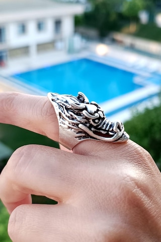 Antik Gümüş Kaplama Ejderha Kafası Şekilli El Yapımı Unisex Yüzük Ayarlanabilir