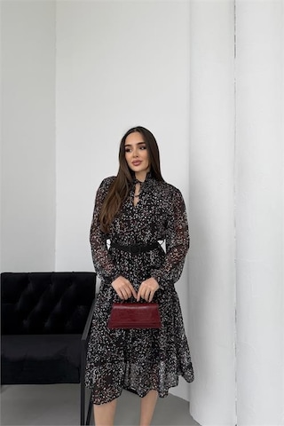 Neşeli Butik Kadın Siyah Dik Yaka Bağlama Detaylı Şifon Kumaş Uzun Kol Midi Elbise Nbelb01 Siyah