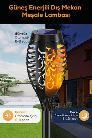 4 Adet Alev Efektli Meşale Solar Led Güneş Enerjili Bahçe Lambası Aydınlatması Armatür 50 Cm 1