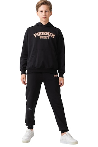 Erkek Çocuk Sırtı Anka Kuşu Detaylı Kanguru Cepli Kapüşonlu Siyah Renk Eşofman Takımı 3333 Siyah