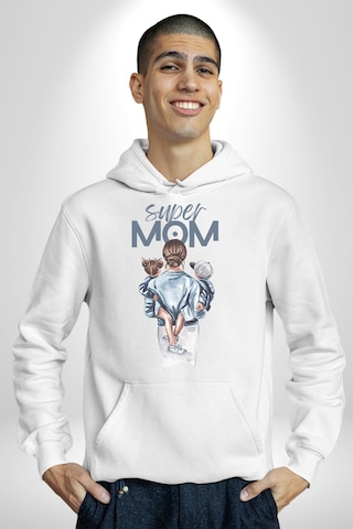 Süper Anne Anneler Günü Doğum Hediyesi Kadın Erkek Beyaz Kapüşonlu Sweatshirt Hoodie Beyaz