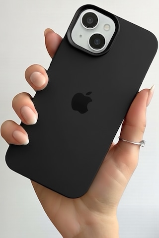 Iphone 15 Uyumlu Kılıf Logolu Lansman Soft Yumuşak Içi Kadife Silikon Kapak Siyah