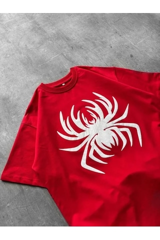 Defymoda Erkek Örümcek Baskılı Tişört Kısa Kollu Bisiklet Yaka T-shirt - Kırmızı