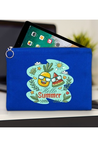 Bk Gift Yaz Temalı Mavi Tablet Çantası 30x21cm, Apple iPad Uyumlu Çantası, Baskılı Tablet Kılıfı