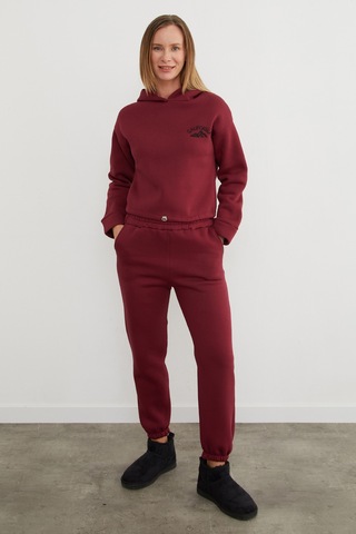 Fullamoda 3 İplik California Nakışlı Kapüşonlu Jogger Eşofman Takımı Bordo