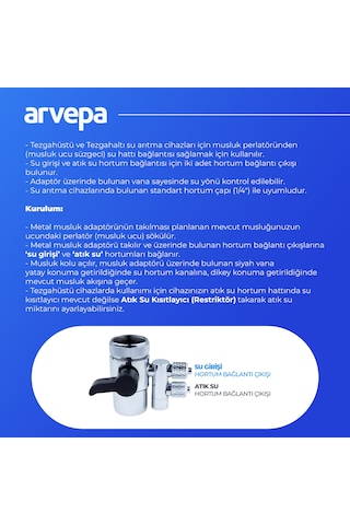 Arvepa Tezgahüstü Su Arıtma Cihazı Metal Musluk Adaptörü - Çift Çıkışlı (1/4" Uyumlu)