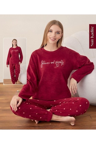 Boyraz Kadın Kışlık Bisiklet Yaka Soft Kadife Pijama Takımı 07012 - 1 Adet Kırmızı