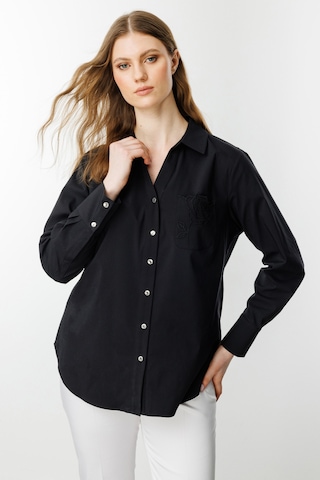 Ekol Kadın Büyük Beden Polo Yaka Gül Nakışlı Cepli Gömlek 3504 Siyah Siyah