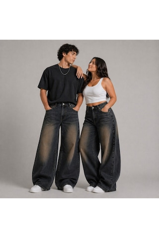 St.poll Eskitme Füme Yıkamalı Unisex Büyük Beden Baggy Jean Pantolon Kahverengi