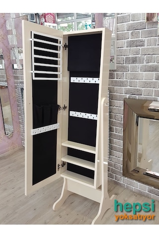 Ayna Denizi Klasik Model Krem Renk Ayaklı Boy Aynalı Takı Dolabı