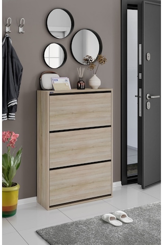 Ceha 3'lü Düşer Kapaklı Ahşap Ayakkabılık - Egger Meşe A.AYK-3/MEŞE