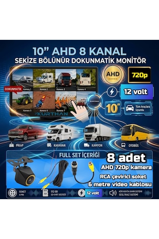 8 Ch 10 İnç Dokunmatik Ekran 8 Adet Ledsiz Ahd 720p Balık Gözü Kamera 512 Gb Dvr Adas Bsd 12 Volt