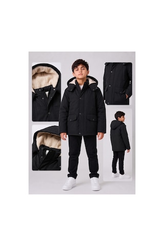 Deniva Kids Erkek Çocuk İçi Kürklü Kapüşonlu Su Ve Rüzgar Geçirmez Cepli Parka Kışlık Mont Siyah