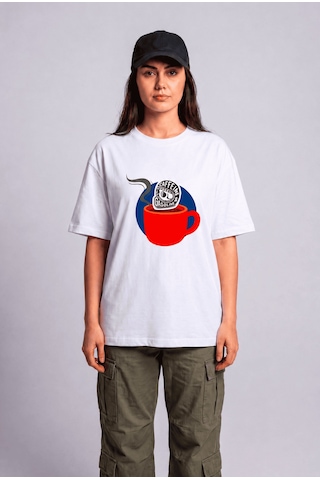 Black Nova Oversize Baskılı Unisex %100 Pamuk T-shirt Caffeine Beyaz