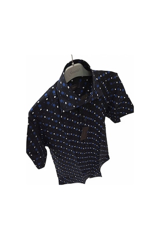 M Slim Fit Kalıp Siyah, Çiçek Desenli Pamuk Kısa Kollu Klasik Erkek Gömlek
