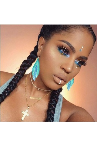 Uzun Boncuklu Püskül Küpeler - Çizgili Bohem Saçaklı Sarkan Küpe Mavi