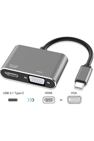 Usb Type-c To Hdmi + Vga Görüntü Çevirici Dönüştürücü 4k Destekli