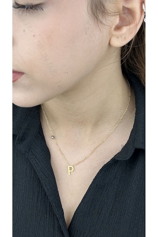 P Harfli, Nazar Figürlü, Paslanmaz Çelik Kolye 283, Altın Renk Altın