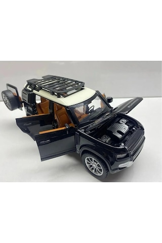 Land Rover Defender Metal Araba 23 Cm Sesli Işıklı Kapı Bagaj Kaput Açılır Oyuncak Demir Siyah Araç Diğer