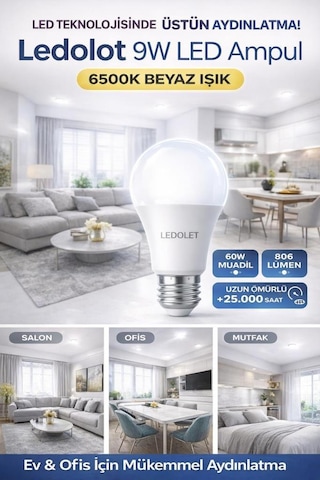 Ledolet 9w 60w Led Ampul E27 6500k Beyaz Işık