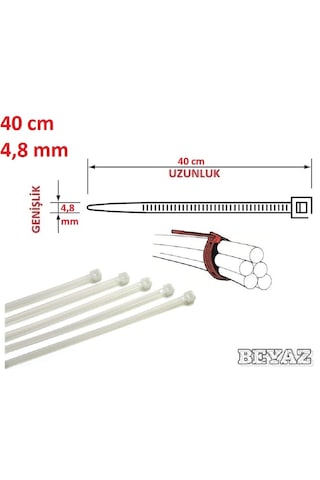 100 Adet 40cmx4,8mm Beyaz Plastik Cırt Kelepçe Kablo Bağı