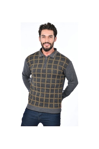 Kamalı Yakalı Baba Kazak Çizgili Baba Kazak Baba Triko Yakalı Erkek Kazak Polo Yaka Gri