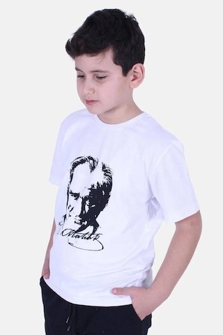 Dode Flora Çocuk Atatürk Portre Baskılı İmzalı Tişört Beyaz