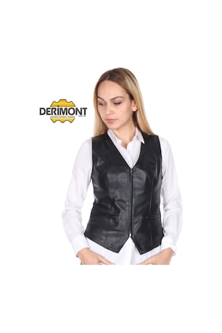 Deriwork Hakiki Deri Siyah Casual Fermuarlı Kadın Deri Yelek Siyah