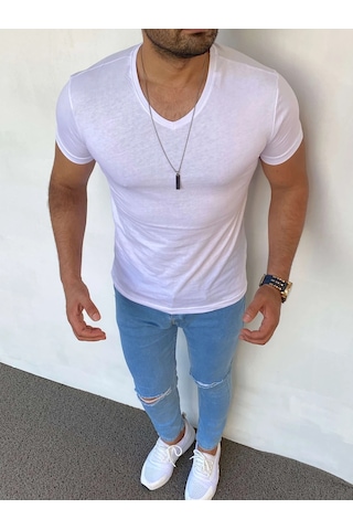 Modefendi Slim Fit Pamuk Likra Basic V Yaka Tshırt Beyaz