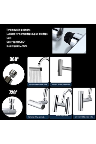 Xurunkeji Adet Gerçek Şelale Mutfak Musluğu Uzatma Adaptörü 720 Döner 4 Mod Çok Fonksiyonlu Şelale Basınçlı Bubbler, B GÜMÜŞ