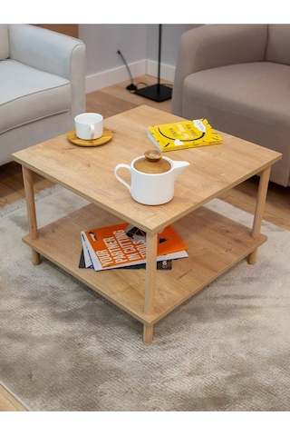 Kare Orta Sehpa Ahşap Ayaklı Sehpa Iki Raflı Sehpa Dekoratif Sehpa Gazetelikli - Safir Meşe-60x60