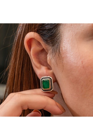 Gümüş Yeşil Taşlı Otantik Kadın Küpe Gümüş