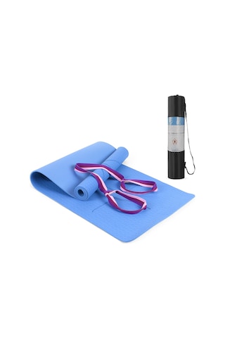Ranyeek Tomshoo Mavi Tpe Yoga Matı 183x61x0.6cm - Vücut Hizalama Çizgileri, İki Yönlü Kaymazsız, Taşınabilir Set Çantası Ve Kayış İle Mavi