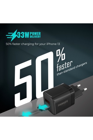 Promate PowerPort-33 Gan 33W Qualcomm Süper Hızlı Type-C PD , USB Ultra Kompakt Duvar Şarj Cihazı, Aşırı Gerilim Koruması