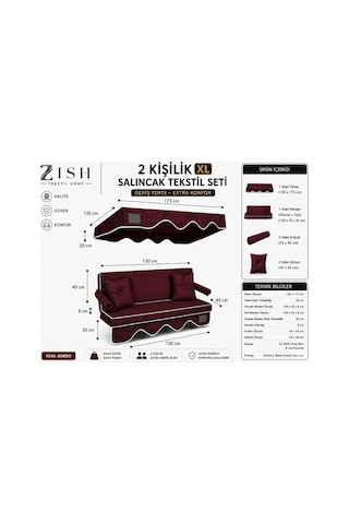 Zishome 2 Kişilik Salıncak Tekstil Seti 130x45x8 Cm Bahçe Balkon Salıncağı Minder Ve Tente Takımı Metal İskelet Dahil Değildir Bordo