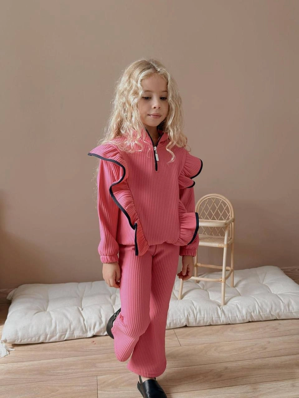 Kız Çocuk Yaka Fermuarlı Fitilli İspanyol Paça Takım Pembe